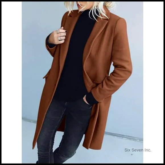 Notched Lapel Peacoat Loose Fit Trench Coat Classic Elegant Winter Outerwear - Picture 5 of 7